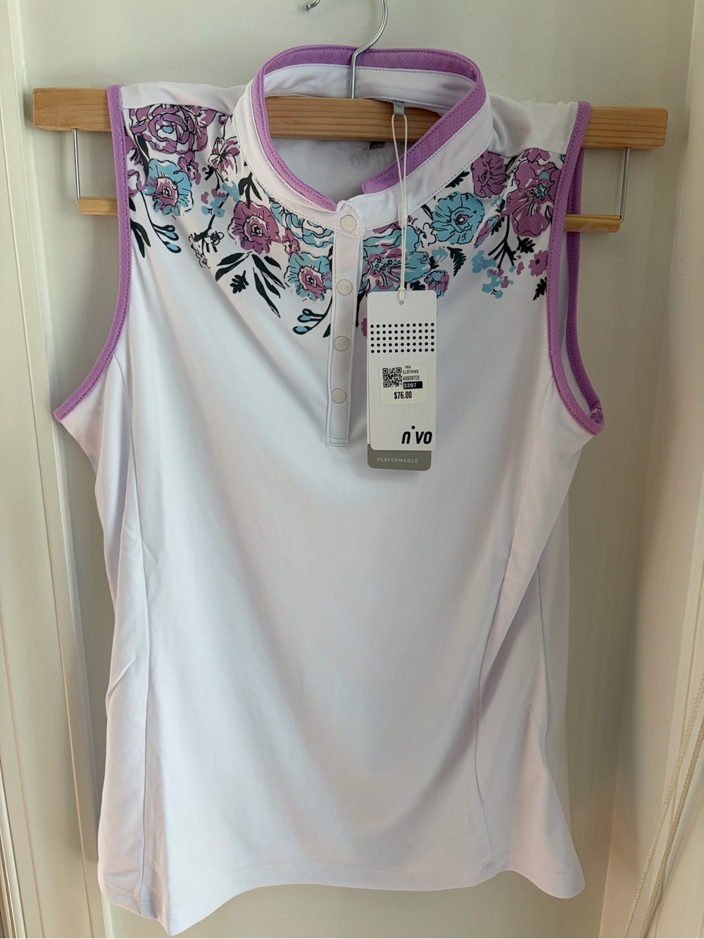 NWT NVO White Sleeveless Golf Tank with Lavender Floral Yoke